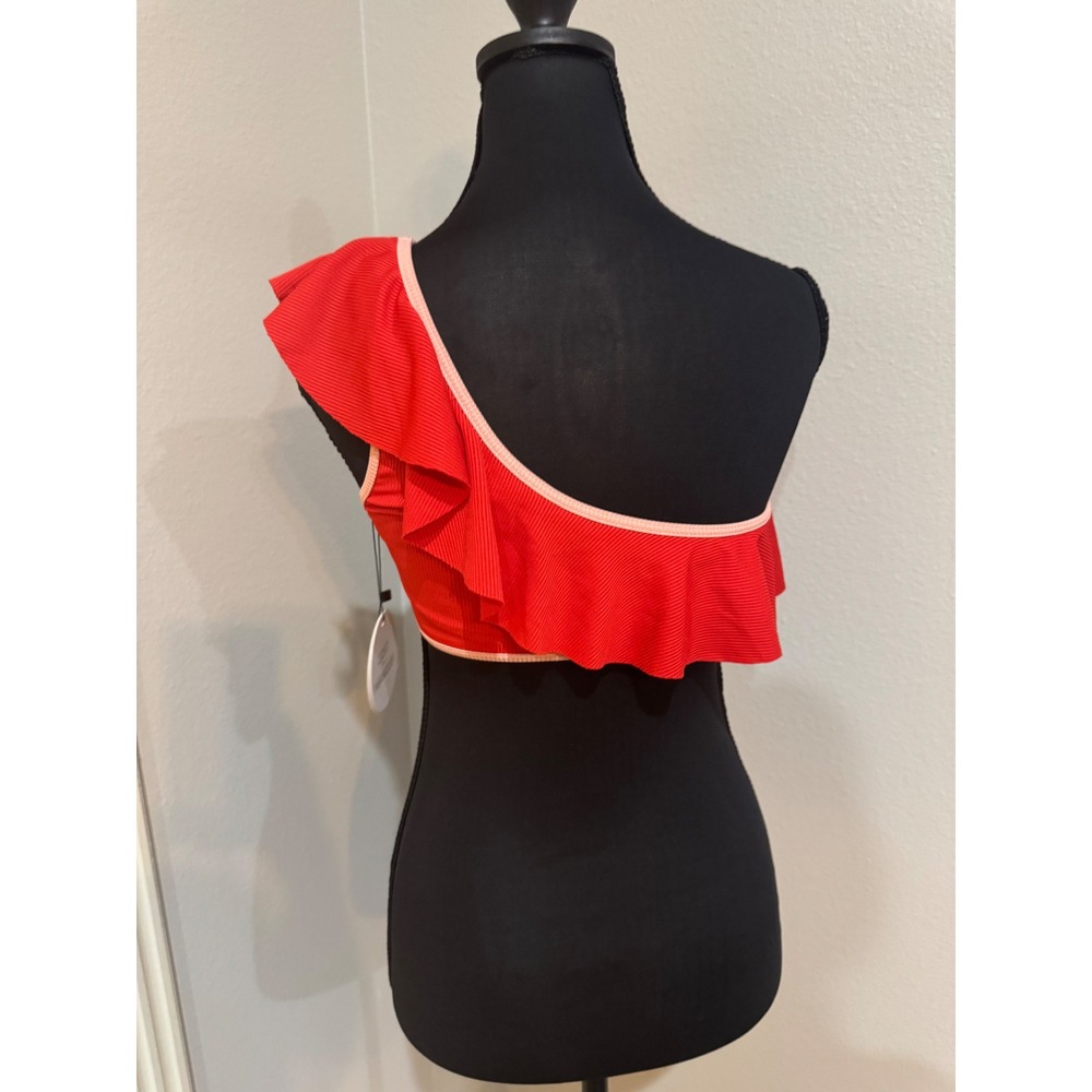 Lost + Wander Red Ruffle One Shoulder Ribbed Swim Top Trendy Size S‎ - Picture 5 of 5